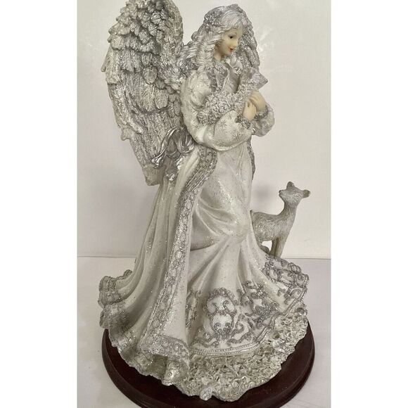 Elegant Guardian Angel with Lamb and Deer Glittered Resin On Wood Base - Picture 3 of 8
